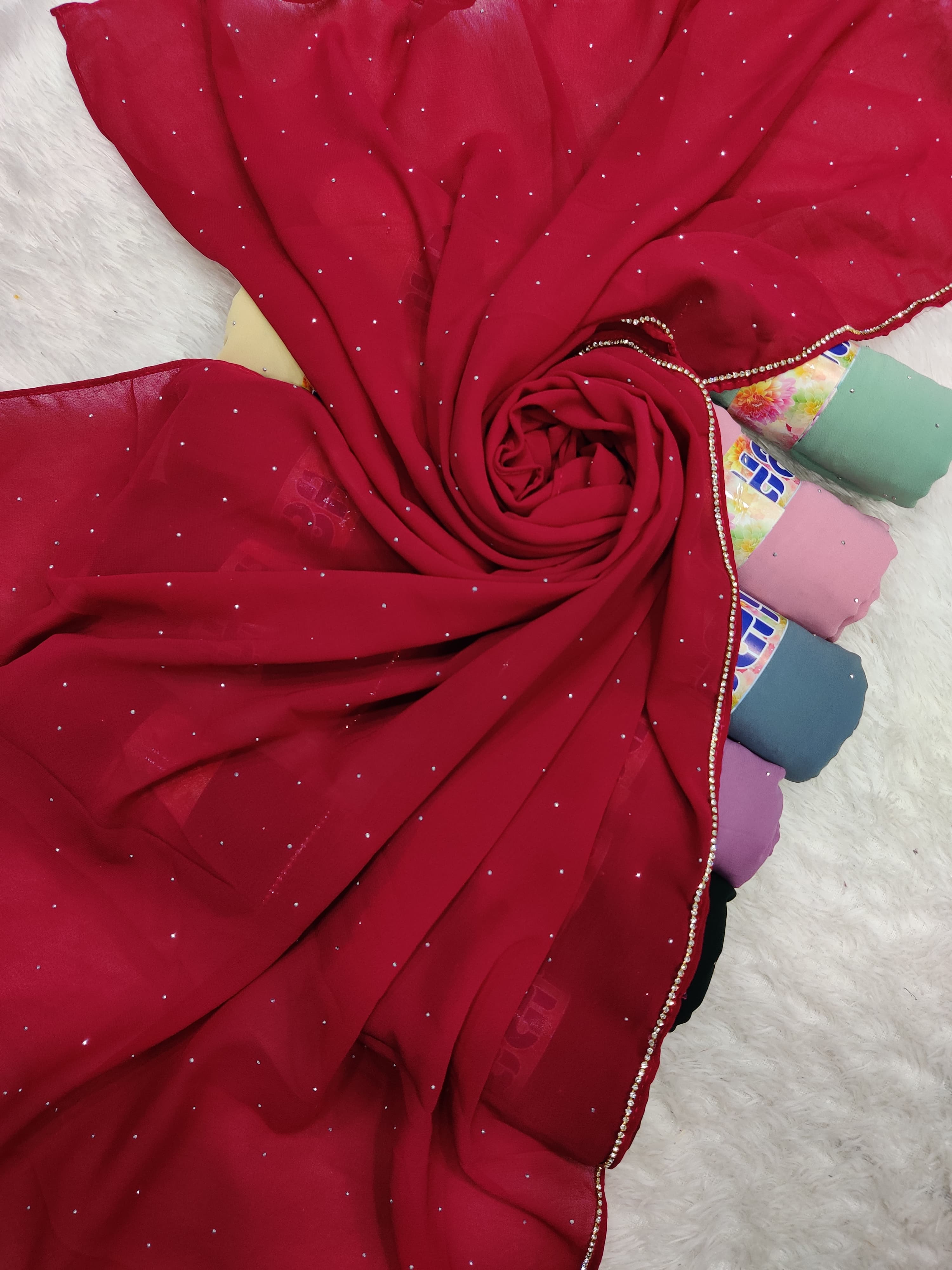 New Chiffon with all over dewdrops stone work and chain border